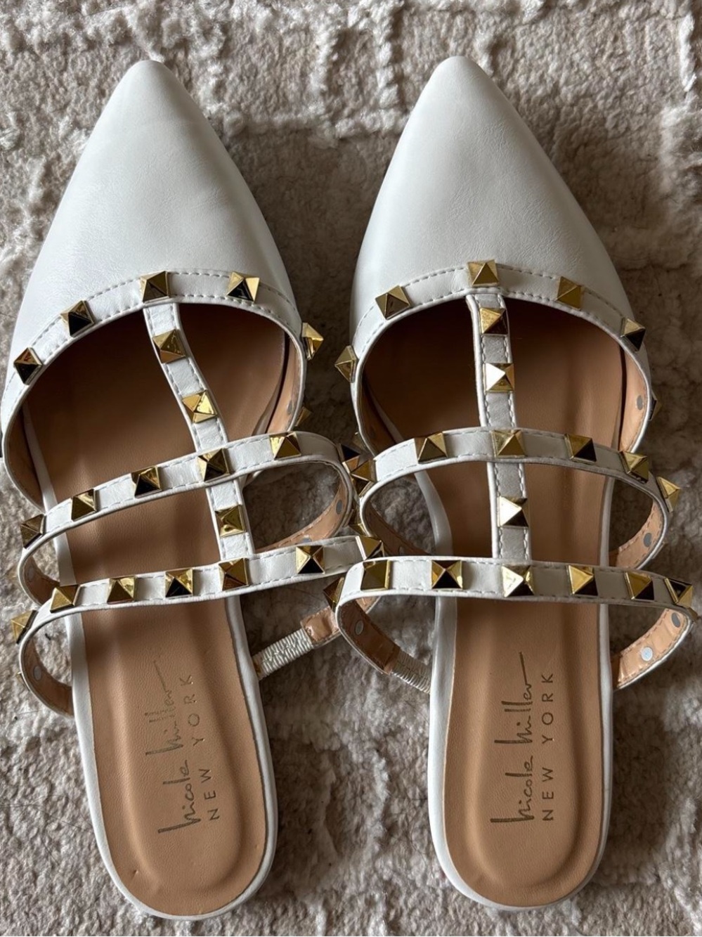 Nicole Miller White Pointed-Toe Studded T-Strap Mules